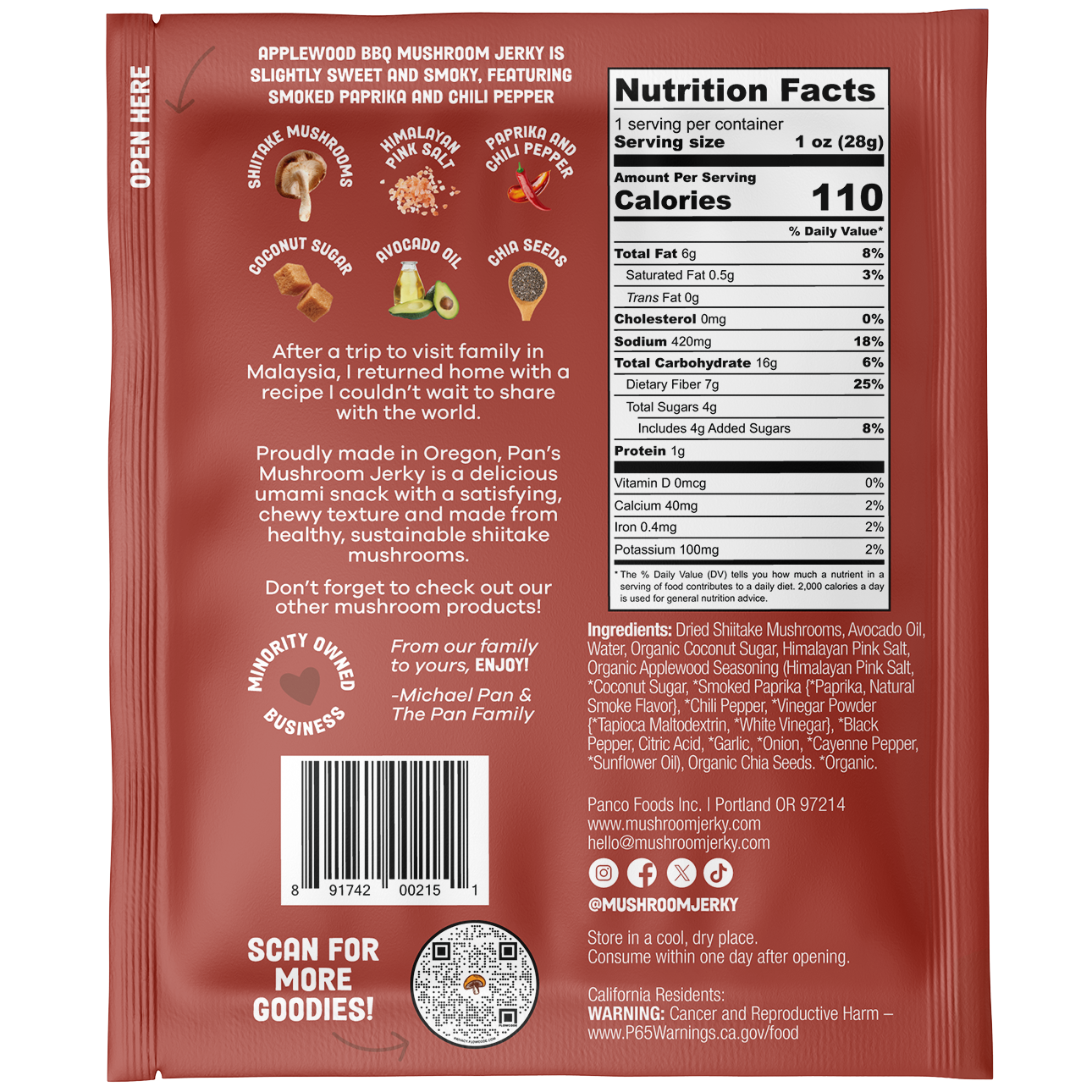 Pan's Mushroom Jerky - Applewood BBQ 1oz