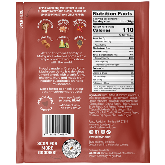Pan's Mushroom Jerky - Applewood BBQ 1oz